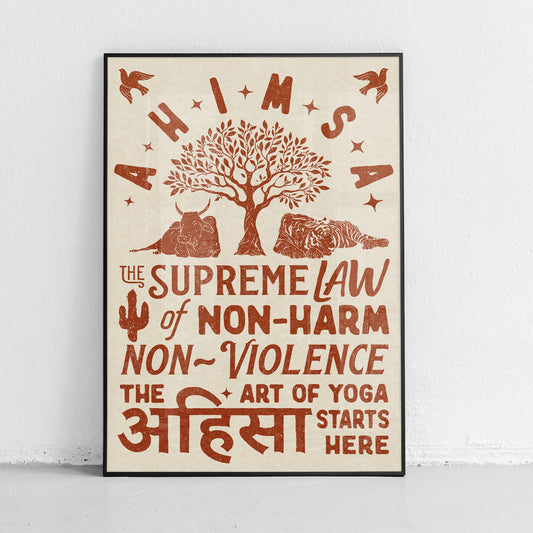 Ahimsa - Yoga Starts Here - Poster. Burnt Orange Colour Variant.