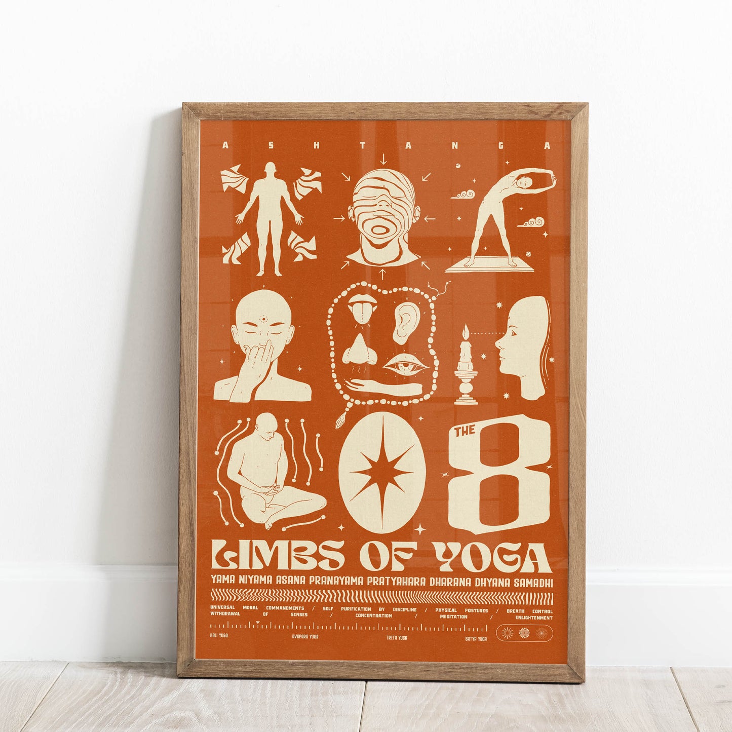 n one of the most influential classical texts on yoga, The Yoga Sutras of Patanjali, you will find the Sanskrit word, Ashtanga, which literally means “eight limbs”. Here Ashtanga Yoga is defined by these 8 limbs as a progressive path to self-realization:
Yama: self-restraints
– Ahimsa – non-harming
– Satya – truthfulness
– Asteya – non-stealing
– Brahmacharya – continence
– Aparigraha – greedlessness or taking only what is necessary
Niyama