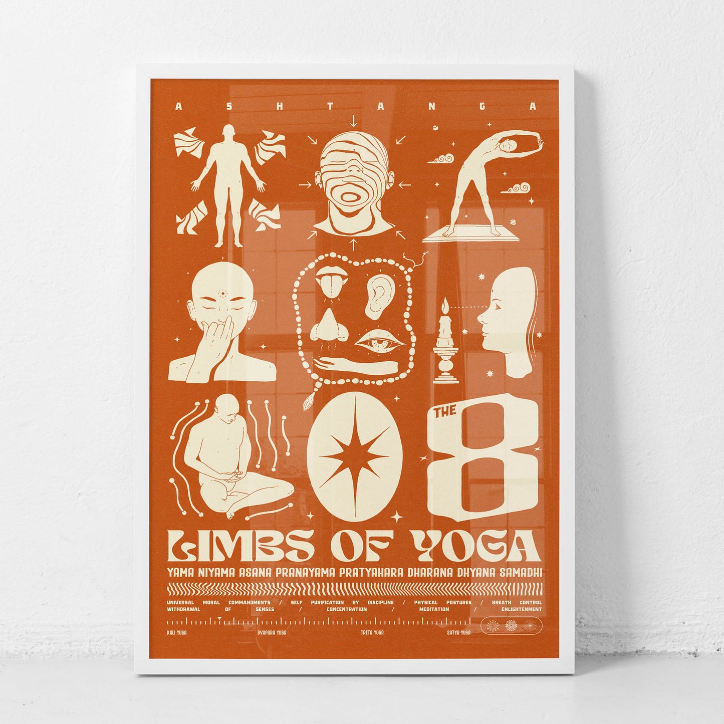 n one of the most influential classical texts on yoga, The Yoga Sutras of Patanjali, you will find the Sanskrit word, Ashtanga, which literally means “eight limbs”. Here Ashtanga Yoga is defined by these 8 limbs as a progressive path to self-realization:
Yama: self-restraints
– Ahimsa – non-harming
– Satya – truthfulness
– Asteya – non-stealing
– Brahmacharya – continence
– Aparigraha – greedlessness or taking only what is necessary
Niyama