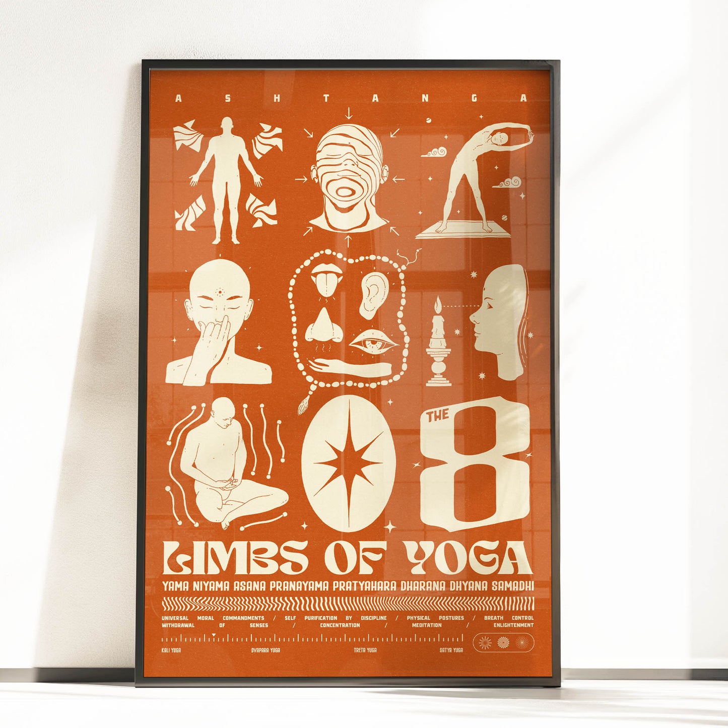 n one of the most influential classical texts on yoga, The Yoga Sutras of Patanjali, you will find the Sanskrit word, Ashtanga, which literally means “eight limbs”. Here Ashtanga Yoga is defined by these 8 limbs as a progressive path to self-realization:
Yama: self-restraints
– Ahimsa – non-harming
– Satya – truthfulness
– Asteya – non-stealing
– Brahmacharya – continence
– Aparigraha – greedlessness or taking only what is necessary
Niyama