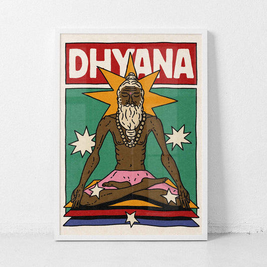 A stylized poster or print featuring the word “DHYANA” in large white letters on a red rectangle at the top, above an illustrated seated figure with a beard, starburst behind the head, green background, and pink, yellow, blue, and red bands at the bottom. Yoga poster wall decor art