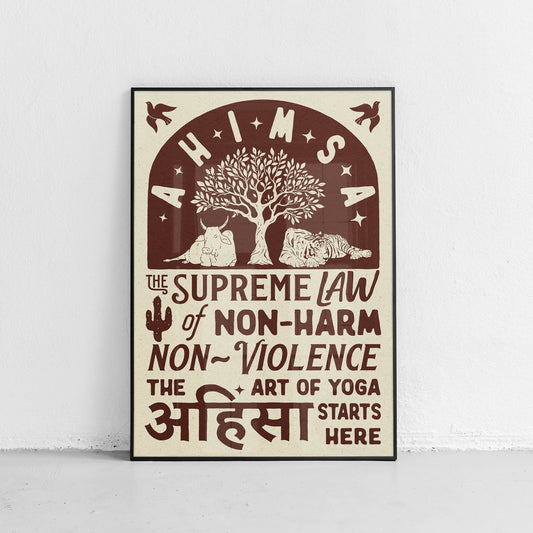 Poster with the word 'Ahimsa – Yoga Starts Here' in bold orange text, accompanied by minimalist orange graphics, set against an off-white background. Cow, tiger, olive tree, pigeon, stars, star, sanskrit, cactus