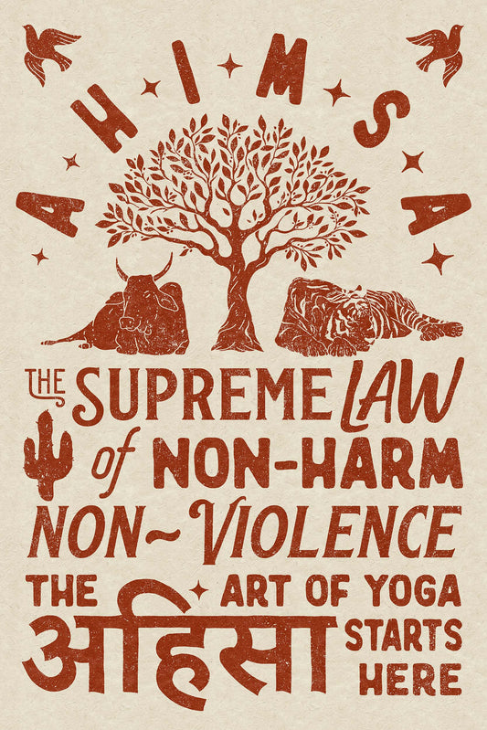 Ahimsa - Yoga Starts Here - Poster. Burnt Orange Colour Variant.