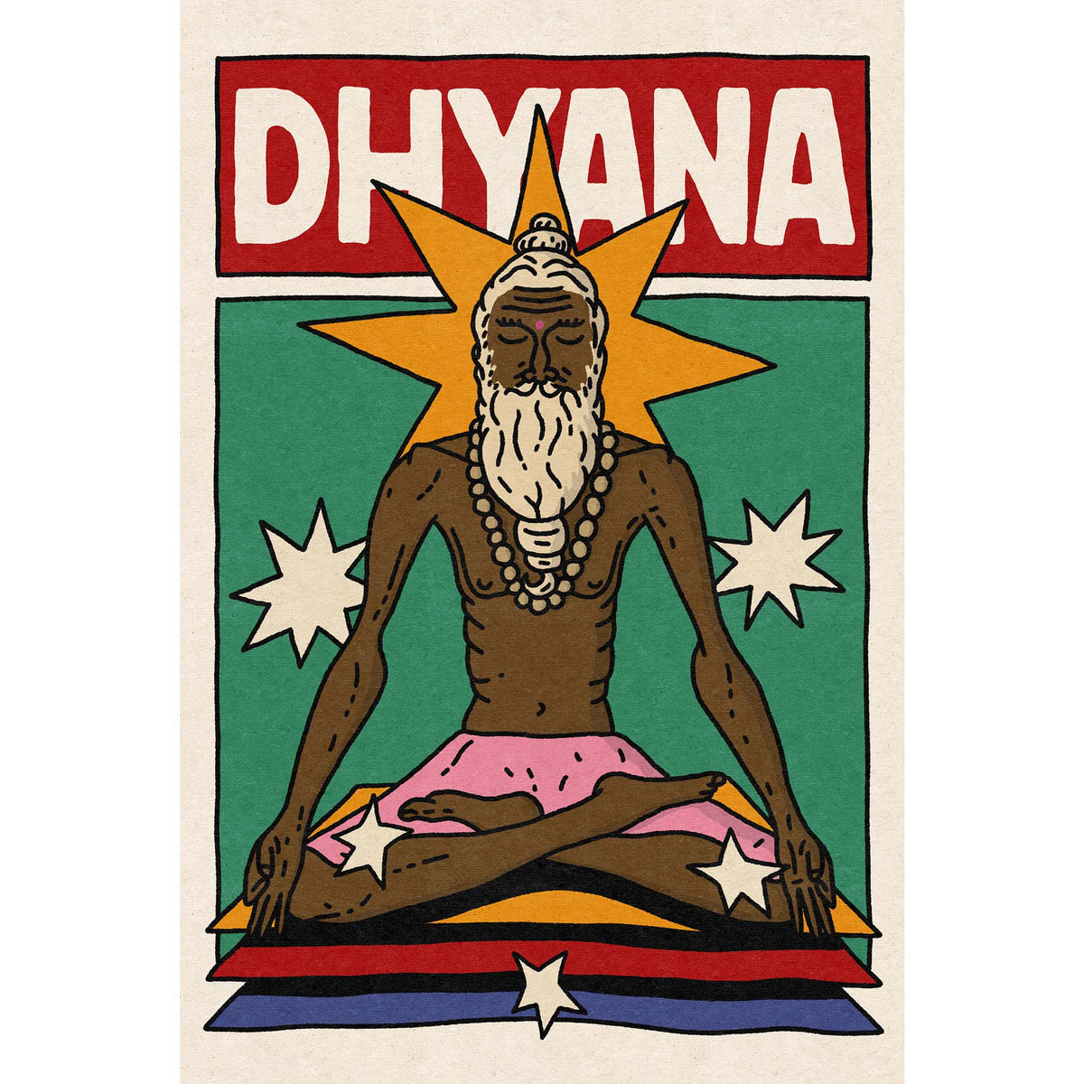 A stylized poster or print featuring the word “DHYANA” in large white letters on a red rectangle at the top, above an illustrated seated figure with a beard, starburst behind the head, green background, and pink, yellow, blue, and red bands at the bottom. Yoga poster wall decor art 