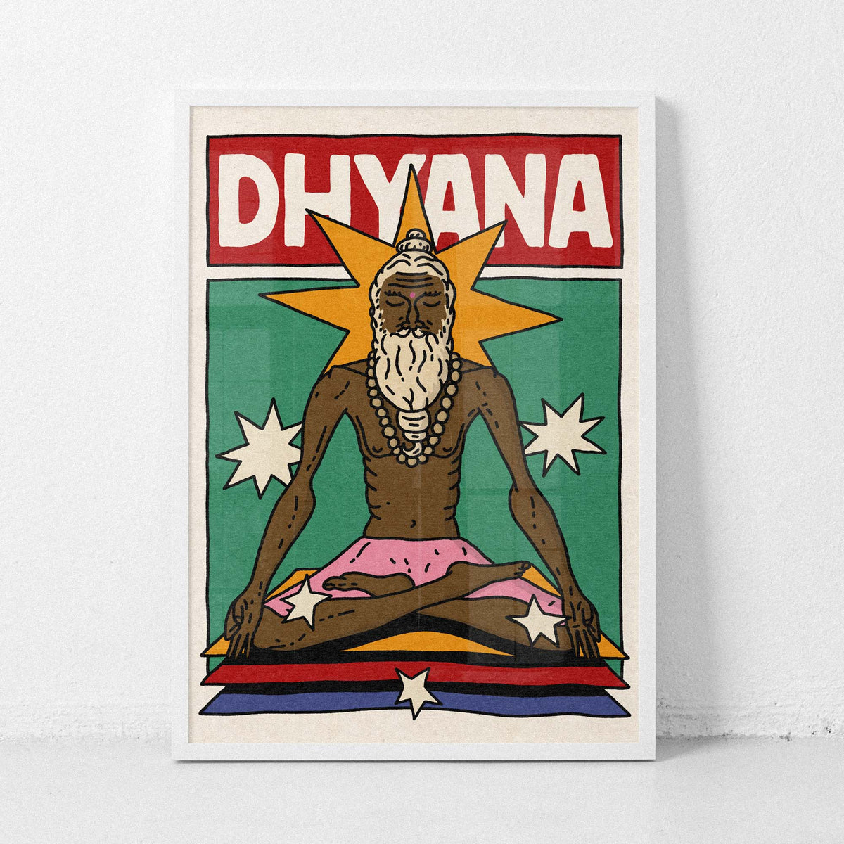 A stylized poster or print featuring the word “DHYANA” in large white letters on a red rectangle at the top, above an illustrated seated figure with a beard, starburst behind the head, green background, and pink, yellow, blue, and red bands at the bottom. Yoga poster wall decor art 