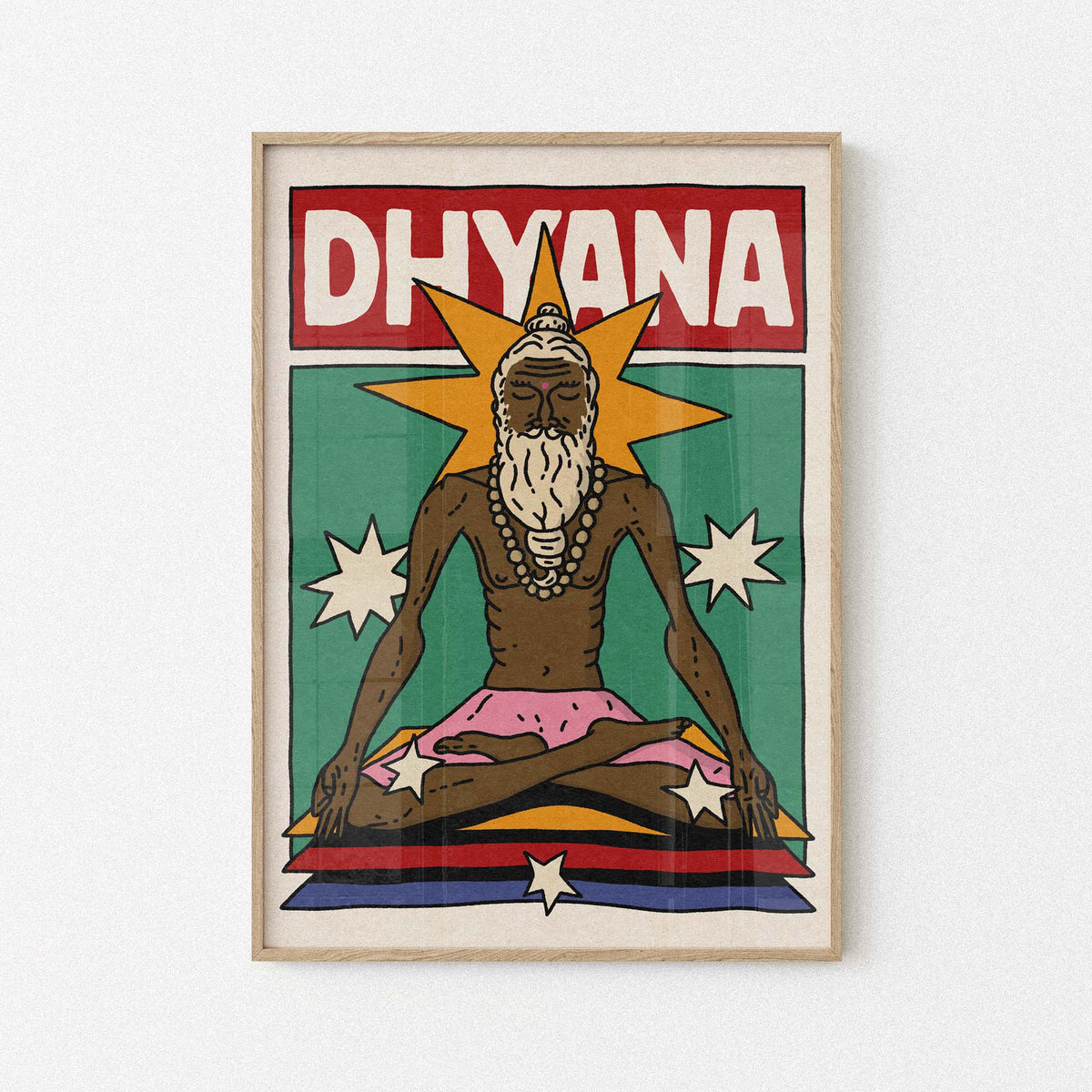 A stylized poster or print featuring the word “DHYANA” in large white letters on a red rectangle at the top, above an illustrated seated figure with a beard, starburst behind the head, green background, and pink, yellow, blue, and red bands at the bottom. Yoga poster wall decor art 