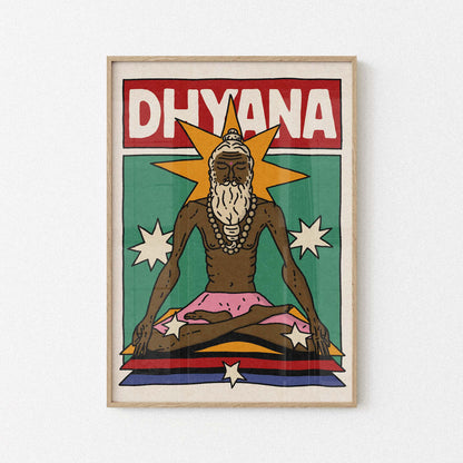 A stylized poster or print featuring the word “DHYANA” in large white letters on a red rectangle at the top, above an illustrated seated figure with a beard, starburst behind the head, green background, and pink, yellow, blue, and red bands at the bottom. Yoga poster wall decor art 