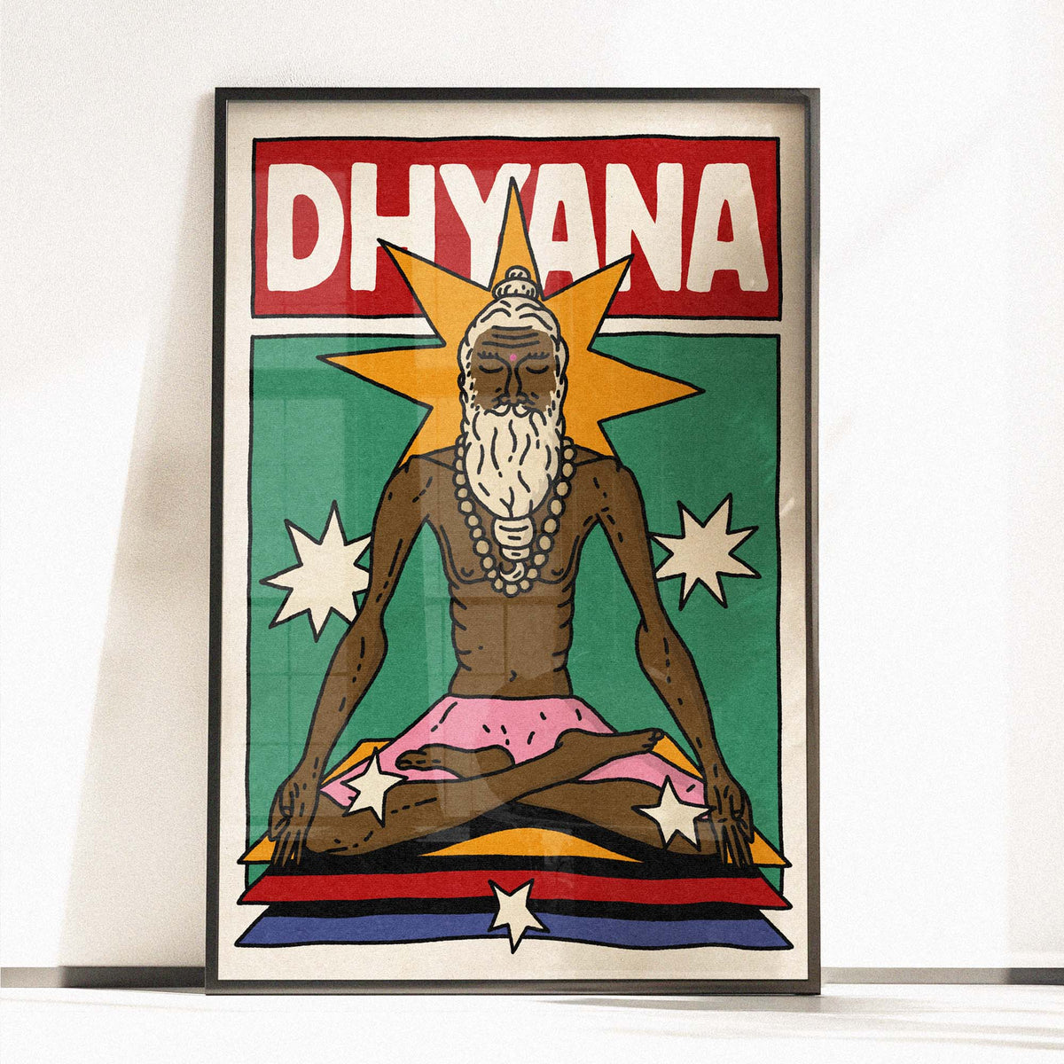 A stylized poster or print featuring the word “DHYANA” in large white letters on a red rectangle at the top, above an illustrated seated figure with a beard, starburst behind the head, green background, and pink, yellow, blue, and red bands at the bottom. Yoga poster wall decor art 