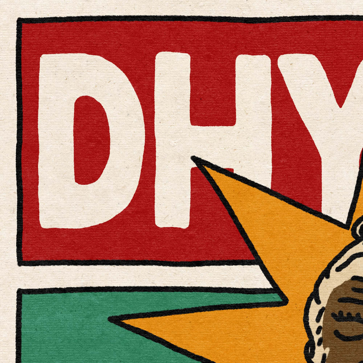 A stylized poster or print featuring the word “DHYANA” in large white letters on a red rectangle at the top, above an illustrated seated figure with a beard, starburst behind the head, green background, and pink, yellow, blue, and red bands at the bottom. Yoga poster wall decor art 