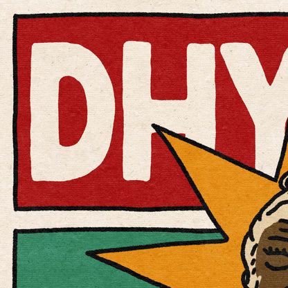 A stylized poster or print featuring the word “DHYANA” in large white letters on a red rectangle at the top, above an illustrated seated figure with a beard, starburst behind the head, green background, and pink, yellow, blue, and red bands at the bottom. Yoga poster wall decor art 